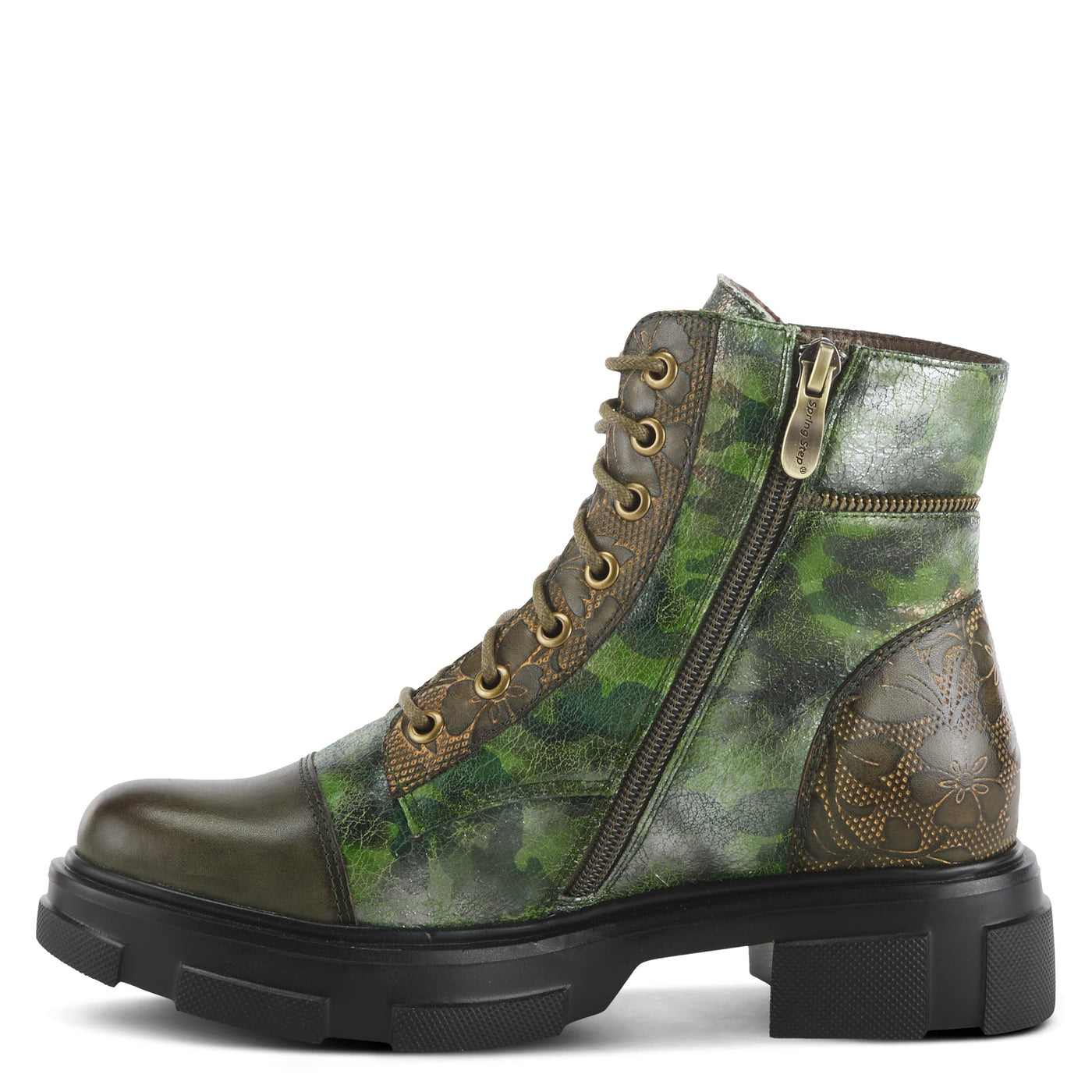 Spring Step L'Artiste Carnelian Booties for Women - Leather Ankle Boots with Lace-up and Zipper - Hand-Painted Womens Boots for Outdoor - Olive Multi EU 42 / US 10.5-11