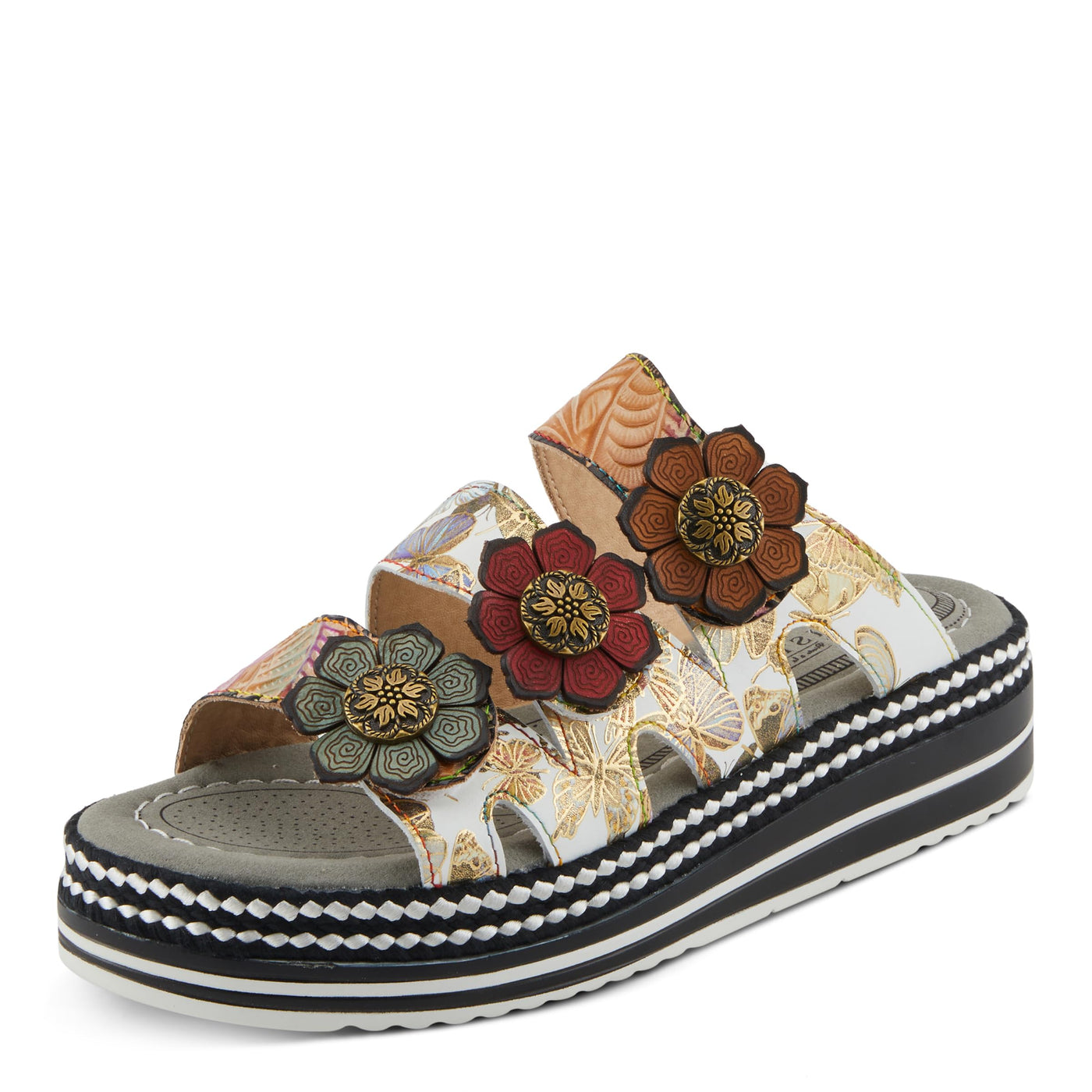 Spring Step L'Artiste Women's NAOMI-MONARCH Comfortable Butterfly Slide Sandals | Hand-Painted Leather Flowers, Hook and Loop Closure Tan Multi EU 38 / US 7.5-8