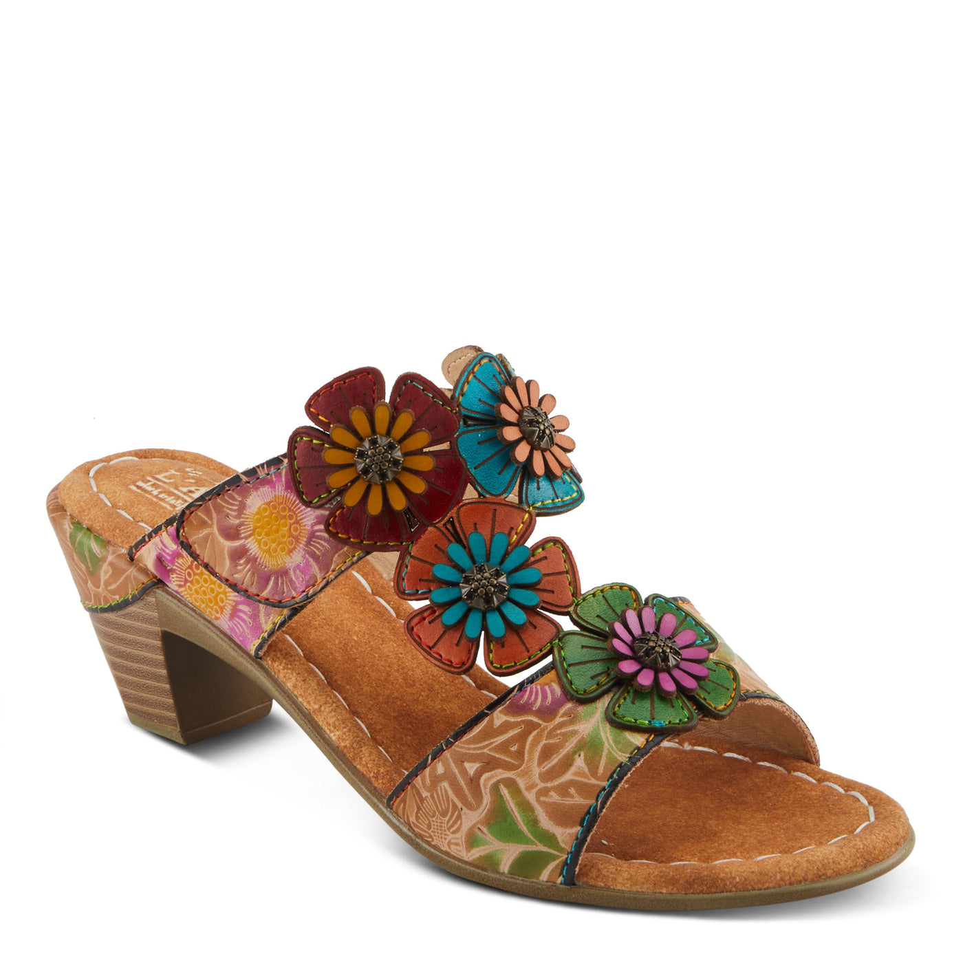 Spring Step L'Artiste Women's SUMMERFUN Hand-Painted Sandals - Leather Wrapped Heel, Asymmetrical Flower Design Tan Multi EU 38 / US 7.5-8