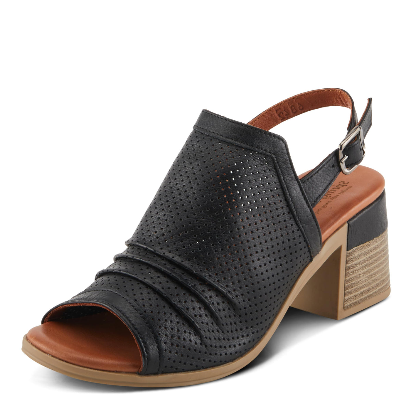 Spring Step NOCTIUM Women's Stacked Heel Sandals with Perforated Leather Upper and Peep-Toe Detail Black EU 40 / US 9