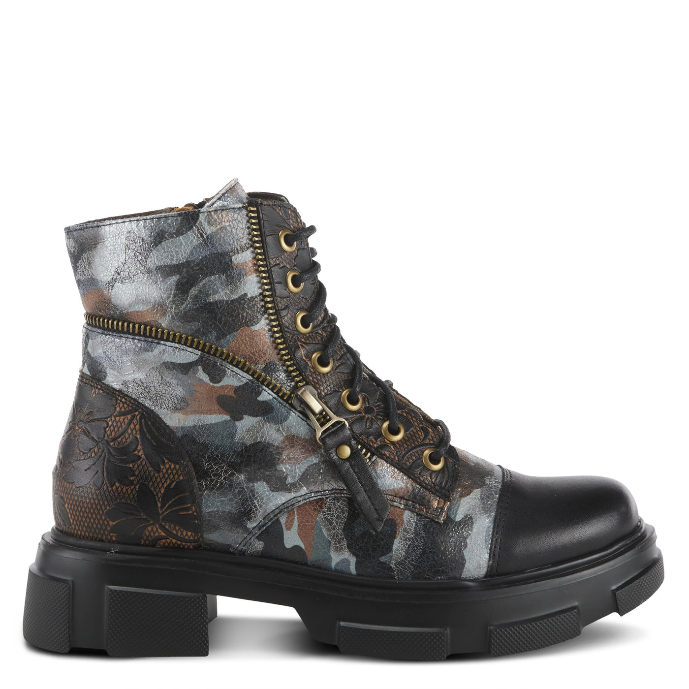 Spring Step L'Artiste Carnelian Booties for Women - Leather Ankle Boots with Lace-up and Zipper - Hand-Painted Womens Boots for Outdoor - Black Multi EU 39 / US 8.5