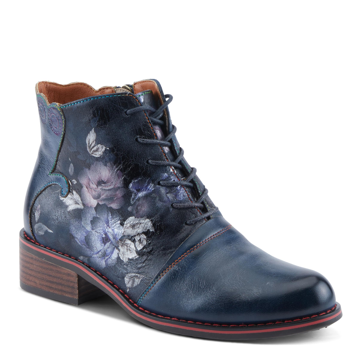 Spring Step L'Artiste Xenia Women's Lace-Up Oxford Bootie - Classic Menswear with Floral Print Shaft Navy Multi EU 38/ US 7.5-8