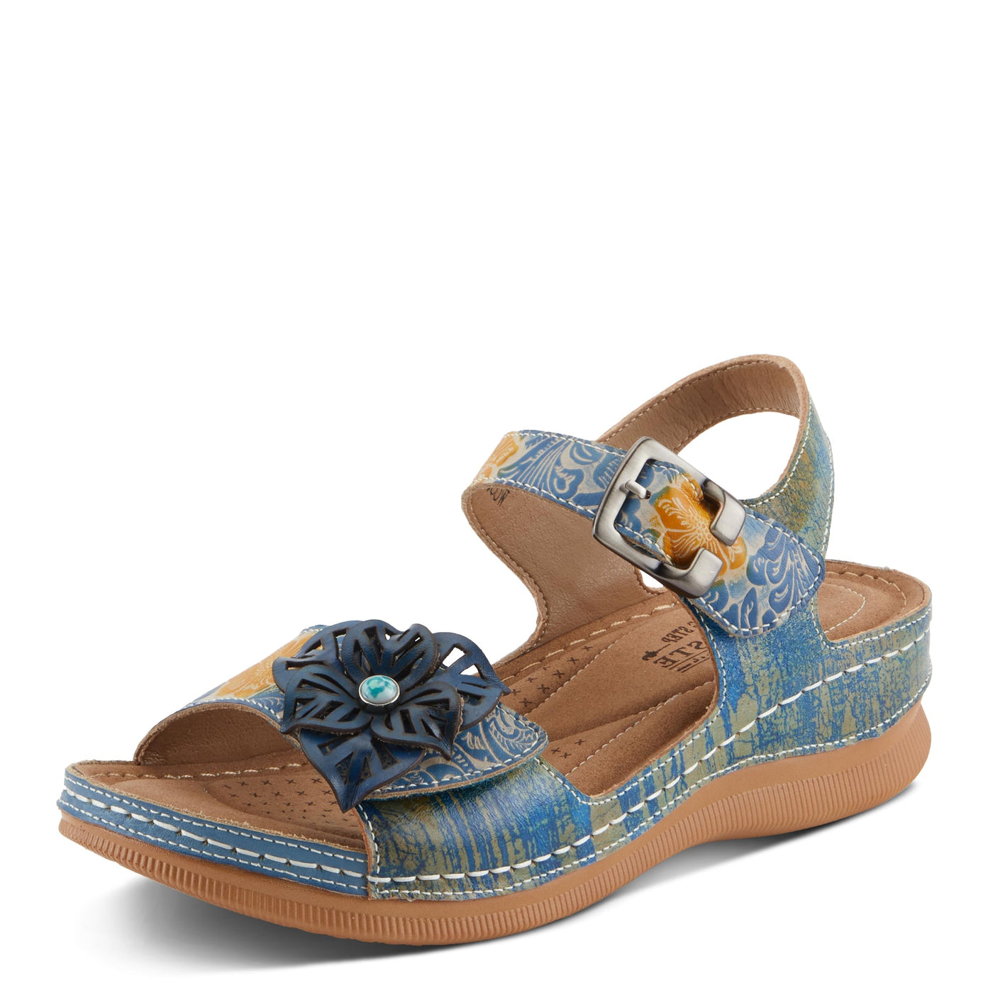 Spring Step L'Artiste Women's JENELLA Hand-Painted Leather Sandals | Chic Floral Embellishments and Customizable Fit Blue Multi EU 36 / US 5.5-6