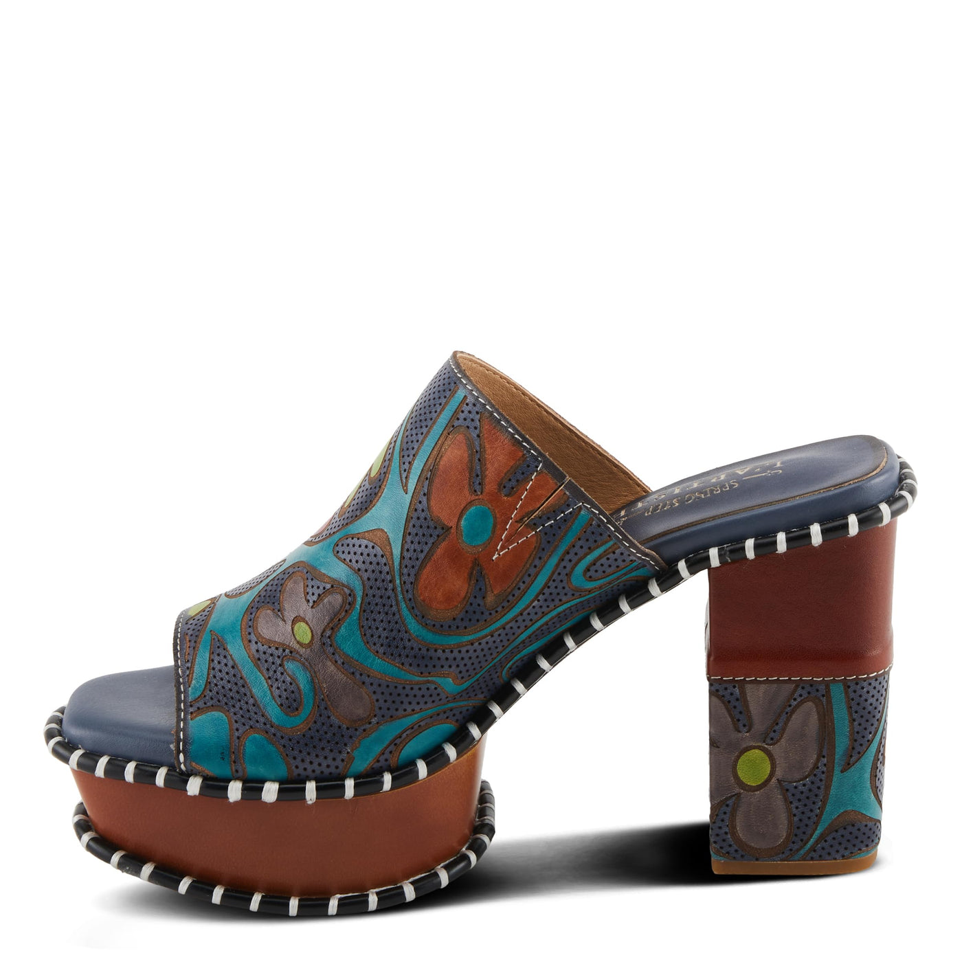 Spring Step L'Artiste Women's COLOSSAL Retro Platform Slides - Hand-Painted Flower Design, Leather-Wrapped Heel Blue Multi EU 42 / US 10.5-11