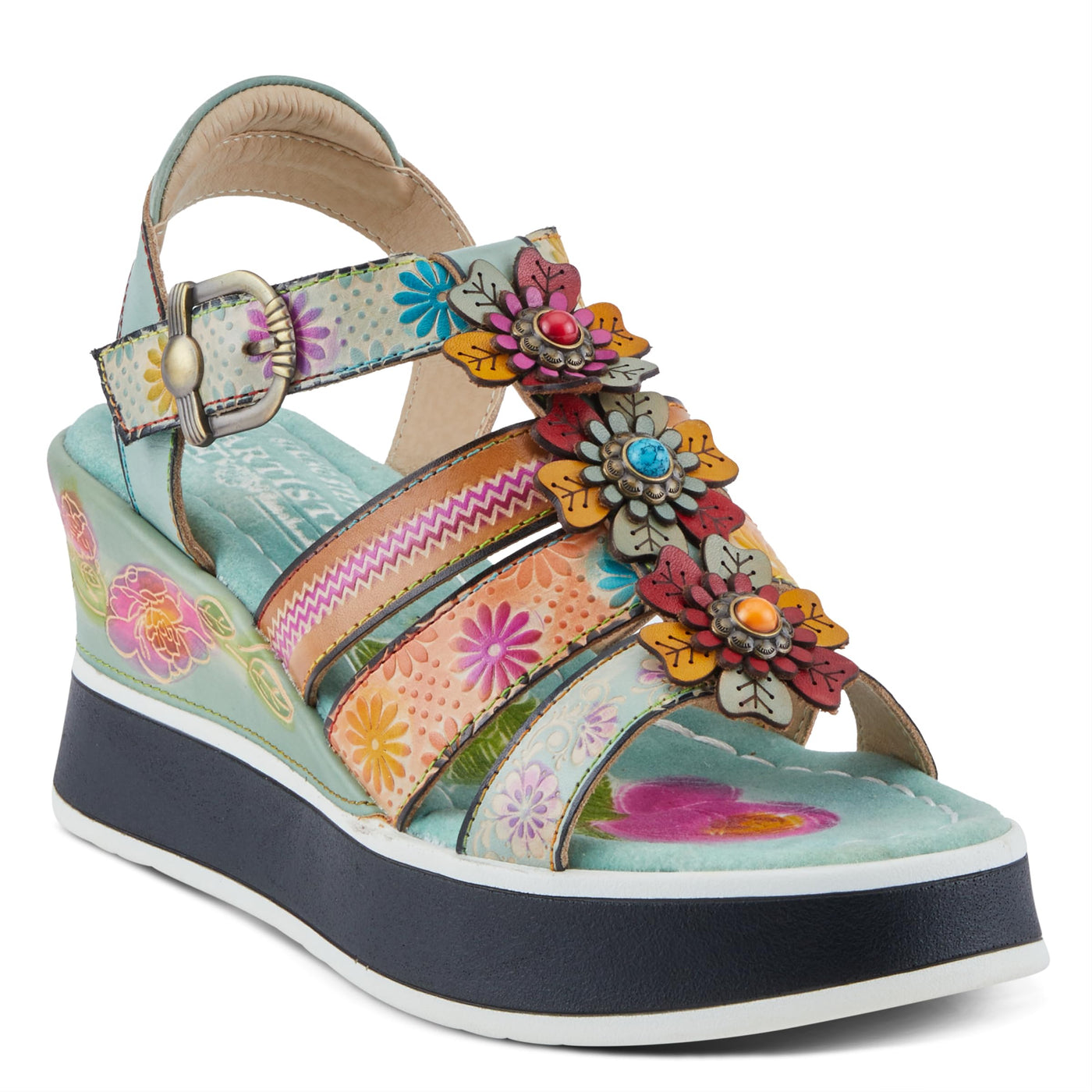 Spring Step L'Artiste Women's FloralBloom - Hand-Painted Lightweight Athleisure Sandals Mint Green Multi EU 38 / US 7.5-8