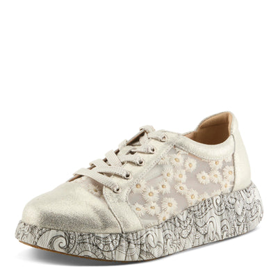 L'Artiste Women's SNEAKHEART Lace-Up Sneakers – Metallic Floral Embroidery, Breathable Mesh, Removable Insole, Street-Chic Design Light Beige Multi EU 39 / US 8.5