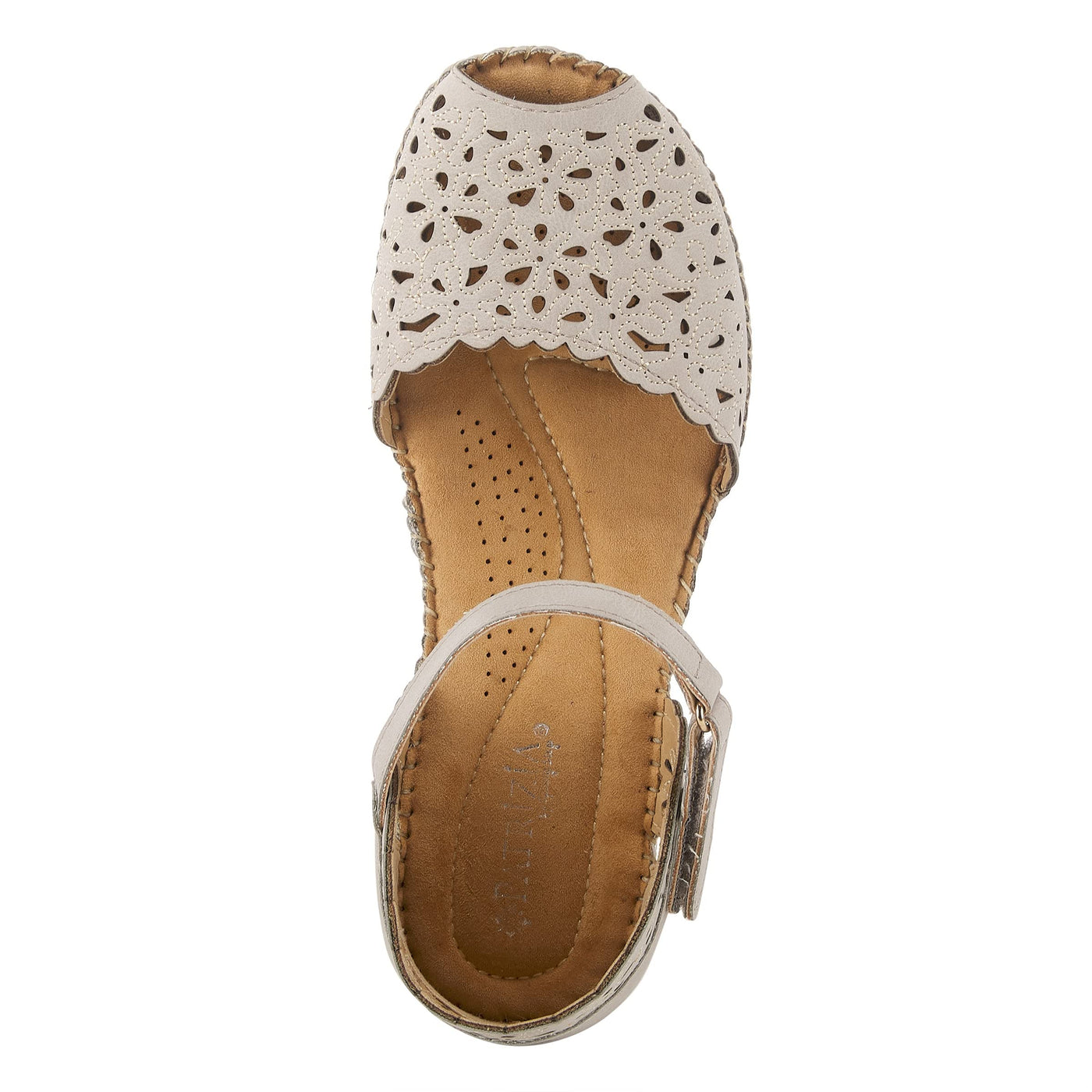 PATRIZIA Spring Step Gennina Wedge Sandals for Womens - Laser Cut Ladies Sandals with Embroidery - Hook and Loop Closure Womens Sandals - Light Grey EU 42 / US 10.5-11