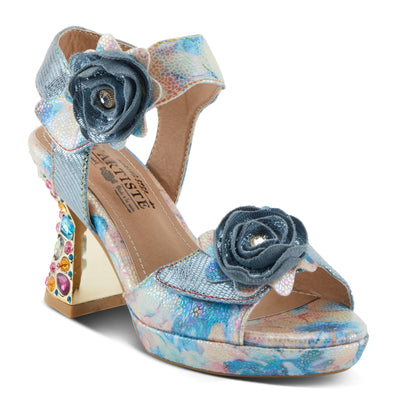 Spring Step L'Artiste Women's SMASHING Metallic Leather Sandals - Opulent Decorative Flowers, Sculpted Jewel Heel, Wearable Art Footwear Blue Multi EU 40 / US 9