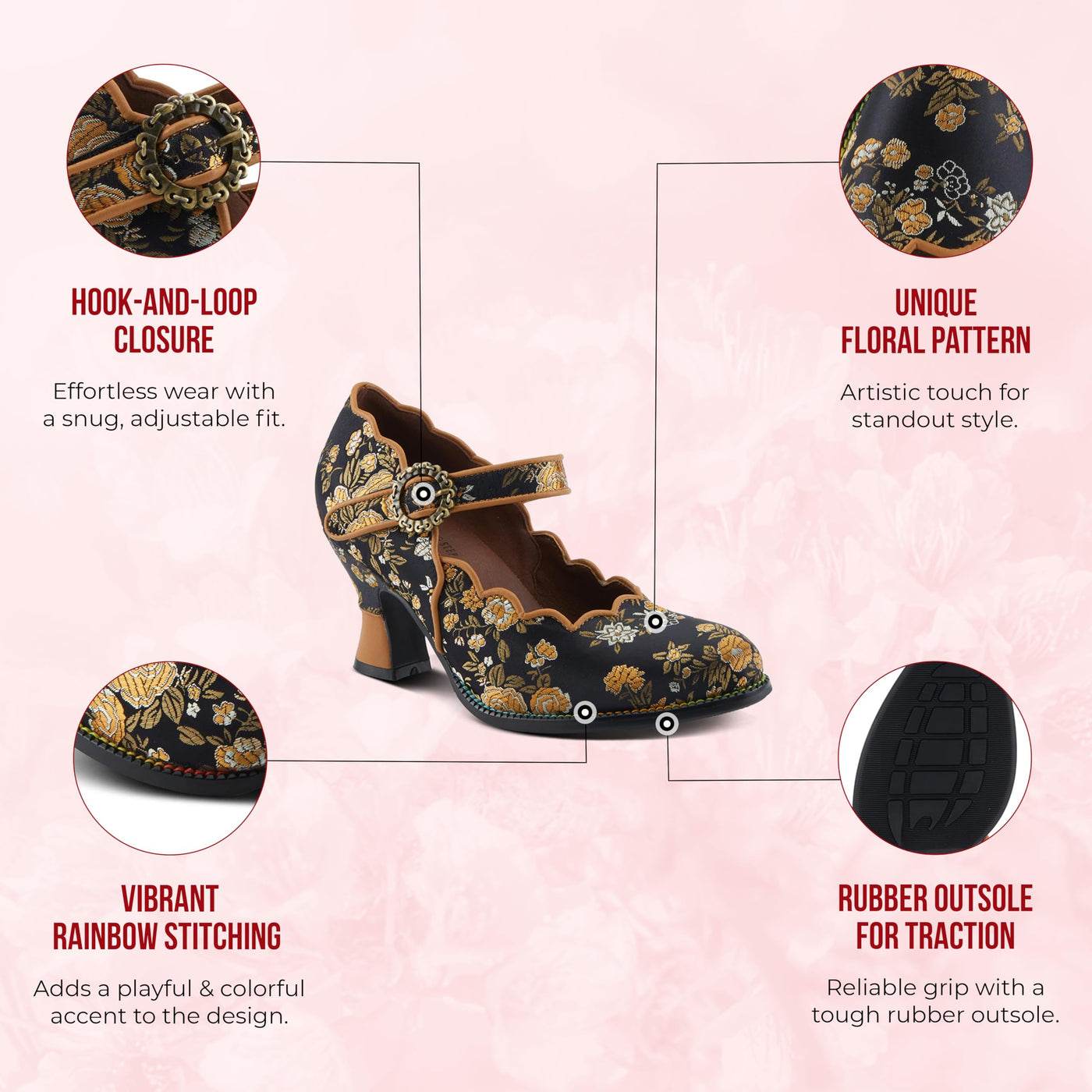 Spring Step L'Artiste Adodora Mary Jane Heeled Shoes for Women - Hand Painted Floral Tapestry, Hook and Loop with Velvet Lining Cushioned Insole, 2.5? Heel, Red Multi EU 35 / US 5