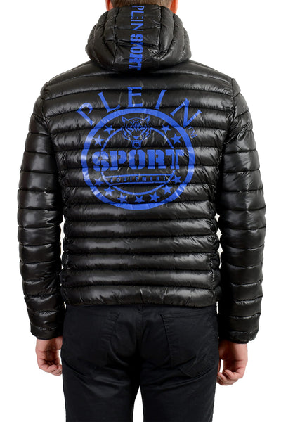 Plein Sport Men's Black Hooded Logo Print Zip Up Parka Jacket Sz US XL IT 54