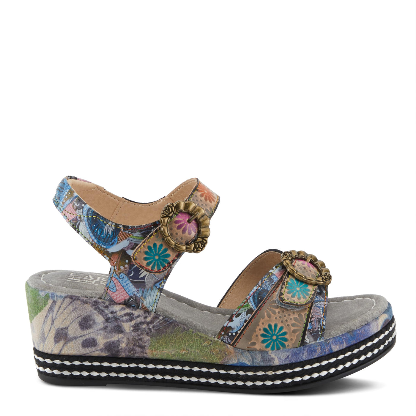 Spring Step L'Artiste Women's FLAVOUR Fashion Wrapped Wedged Sandals | Hand-Painted Leather Accents, Hook and Loop Closure Grey Multi EU 35 / US 5