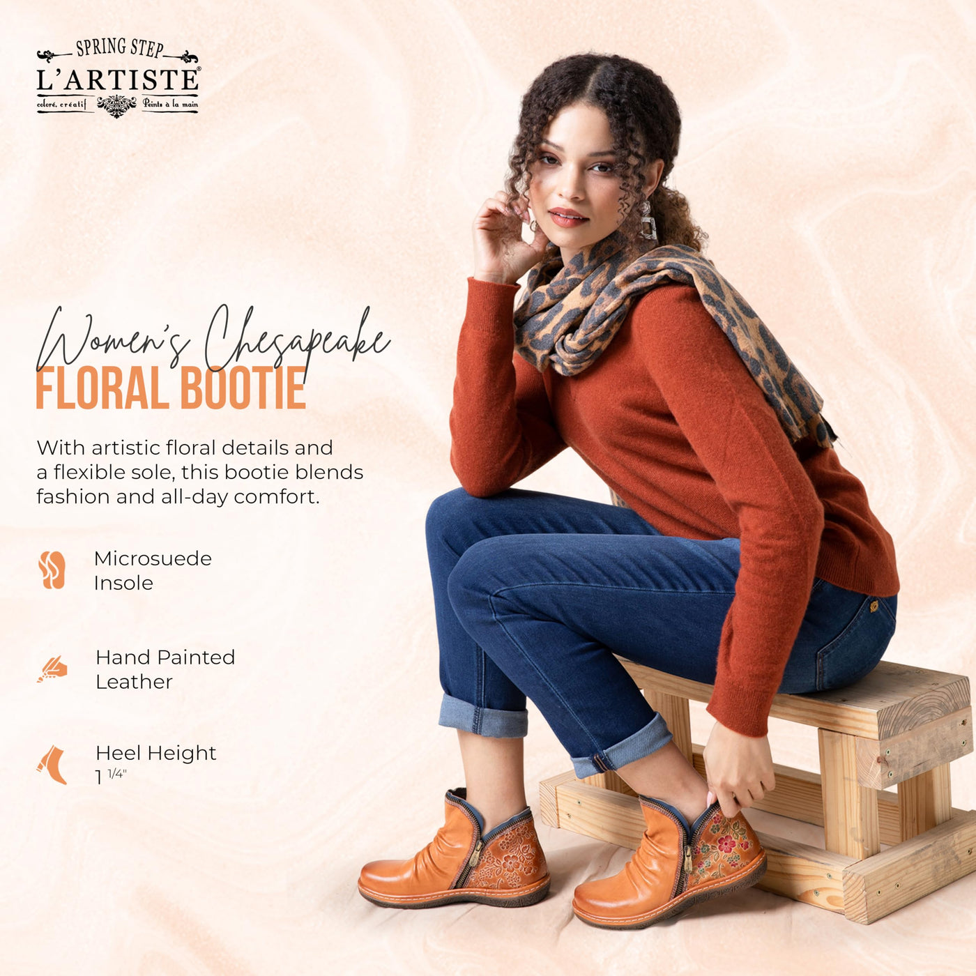 Spring Step L'Artiste Chesapeake Women's Floral Bootie - Painted Flowers, Burnished Leather, Bohemian Style Camel EU 37 / US 6.5-7