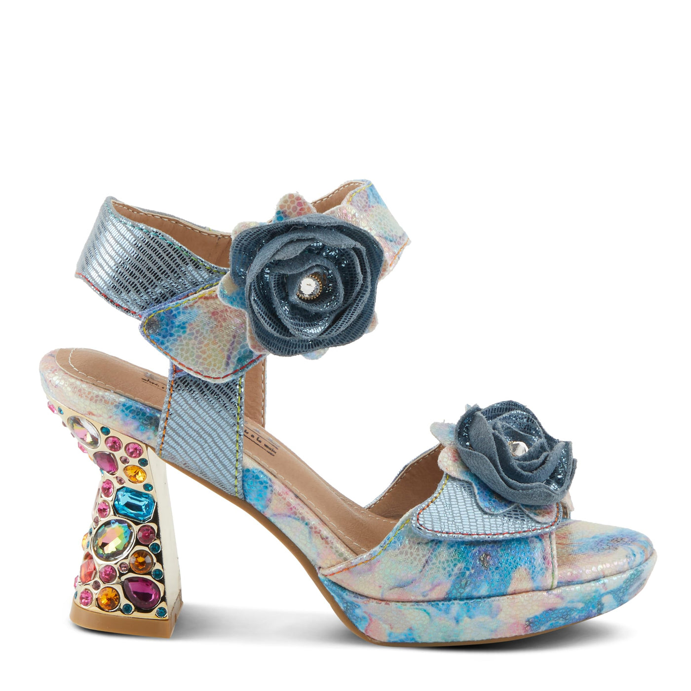 Spring Step L'Artiste Women's SMASHING Metallic Leather Sandals - Opulent Decorative Flowers, Sculpted Jewel Heel, Wearable Art Footwear