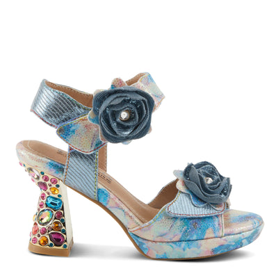 Spring Step L'Artiste Women's SMASHING Metallic Leather Sandals - Opulent Decorative Flowers, Sculpted Jewel Heel, Wearable Art Footwear Blue Multi EU 37 / US 6.5-7