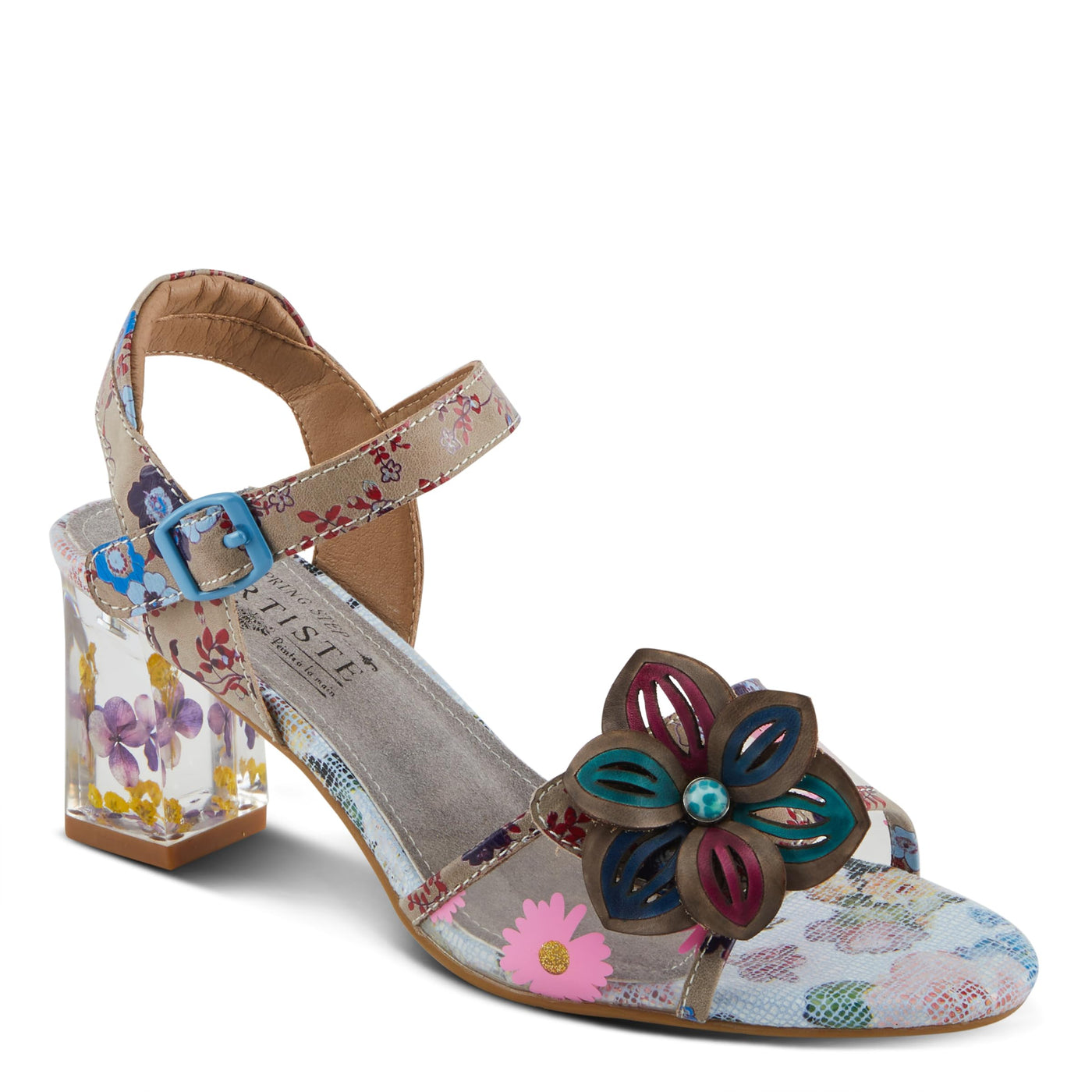 Spring Step L'Artiste Women's BREAKAWAY Floral Sandals - Dried Flower Block Heel, Hook and Loop Closure Grey Multi EU 37 / US 6.5-7