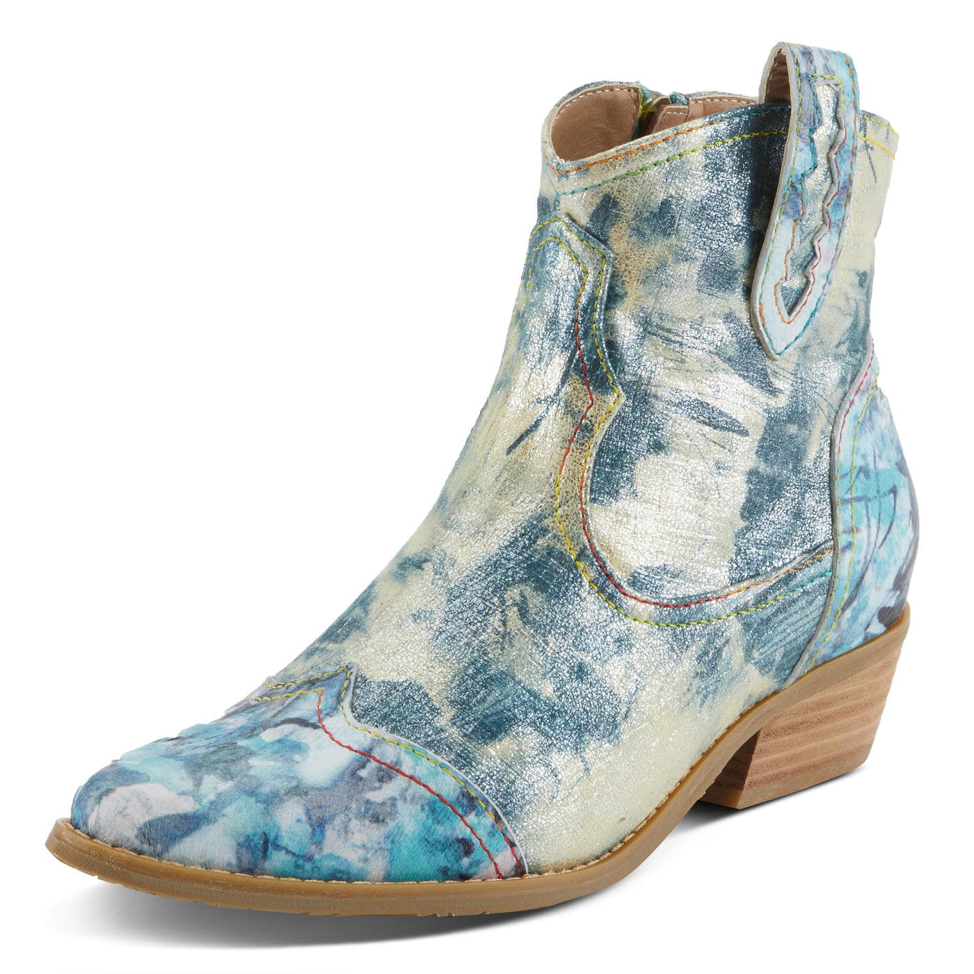 Spring Step L'Artiste Women's FLIRTINI Western Summer Boots - Metallic Leather, Pull Tabs, Low Stacked Heel Blue Multi EU 37 / US 6.5-7