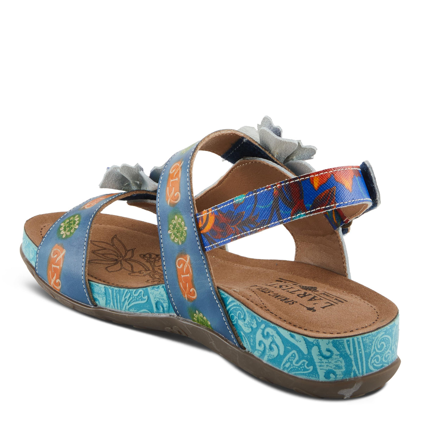 Spring Step L'Artiste Women's ERICA-SPRING Leather Slide Sandals with Decorative Floral Accents Blue Multi EU 36 / US 5.5-6