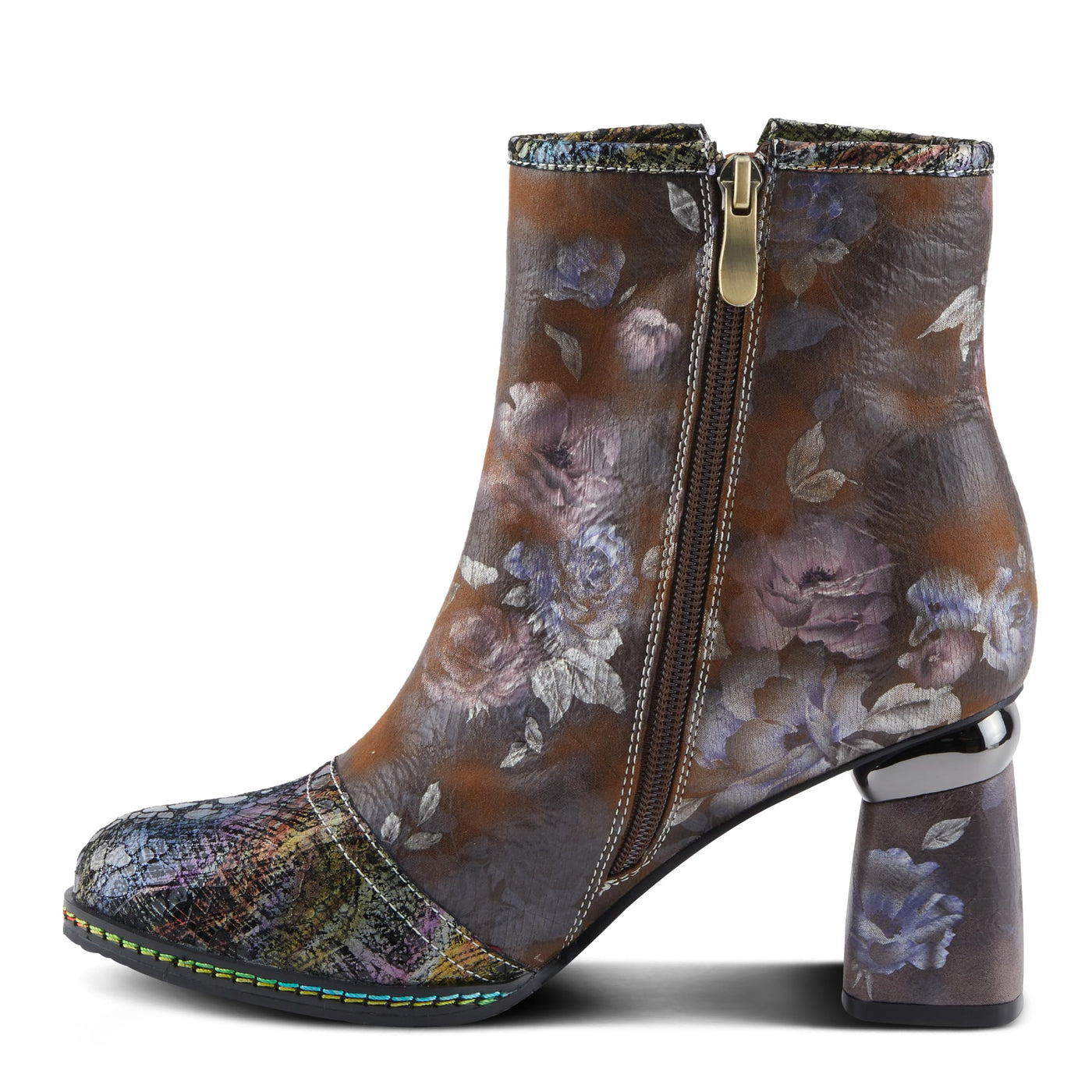 Spring Step L'Artiste Carre Women's Chic Bootie - Multi-Colored Metallics & Floral Designs, Stylish Heeled Ankle Boots Brown Multi EU 39 / US 8.5