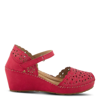 PATRIZIA Spring Step Gennina Wedge Sandals for Womens - Laser Cut Ladies Sandals with Embroidery - Hook and Loop Closure Womens Sandals - Dark Red EU 35 / US 5
