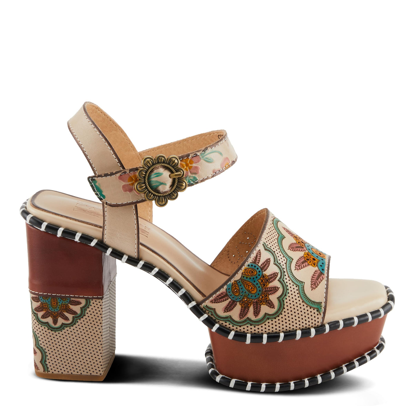 Spring Step L'Artiste Women's GOGETEM Retro Platform Sandals - Hand-Painted Flower Design, Decorative Floral Buckle