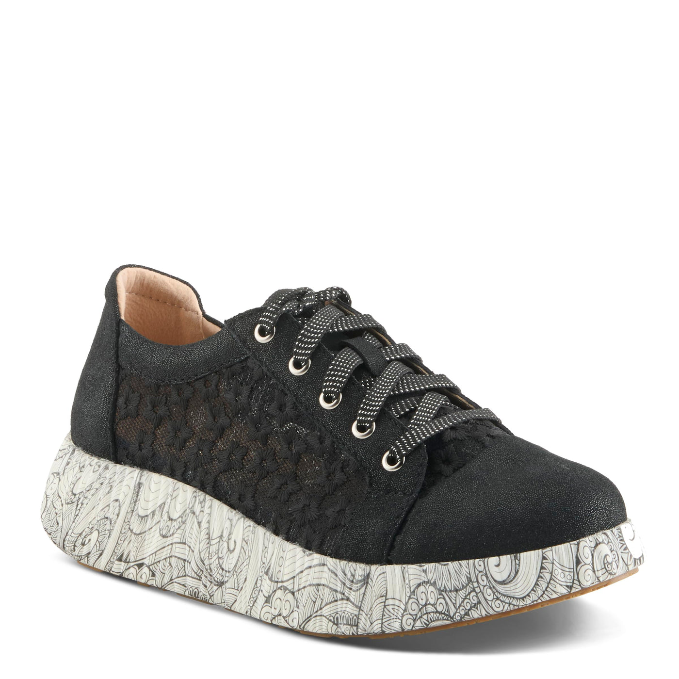 L'Artiste Women's SNEAKHEART Lace-Up Sneakers – Metallic Floral Embroidery, Breathable Mesh, Removable Insole, Street-Chic Design Black Multi EU 40 / US 9