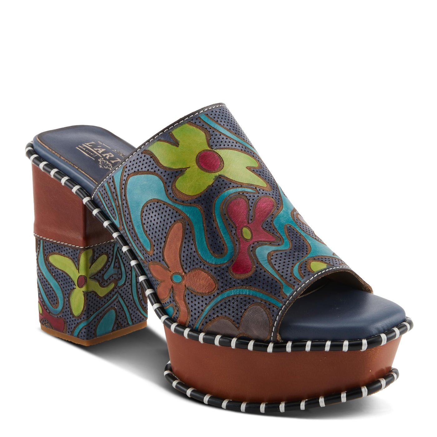 Spring Step L'Artiste Women's COLOSSAL Retro Platform Slides - Hand-Painted Flower Design, Leather-Wrapped Heel Blue Multi EU 42 / US 10.5-11