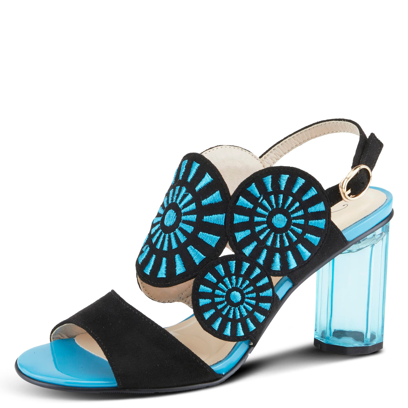 Azura Women's Embroidery Pumps & Heels - Geometric Design, Adjustable Ankle Strap, Transparent Cylindrical Heel