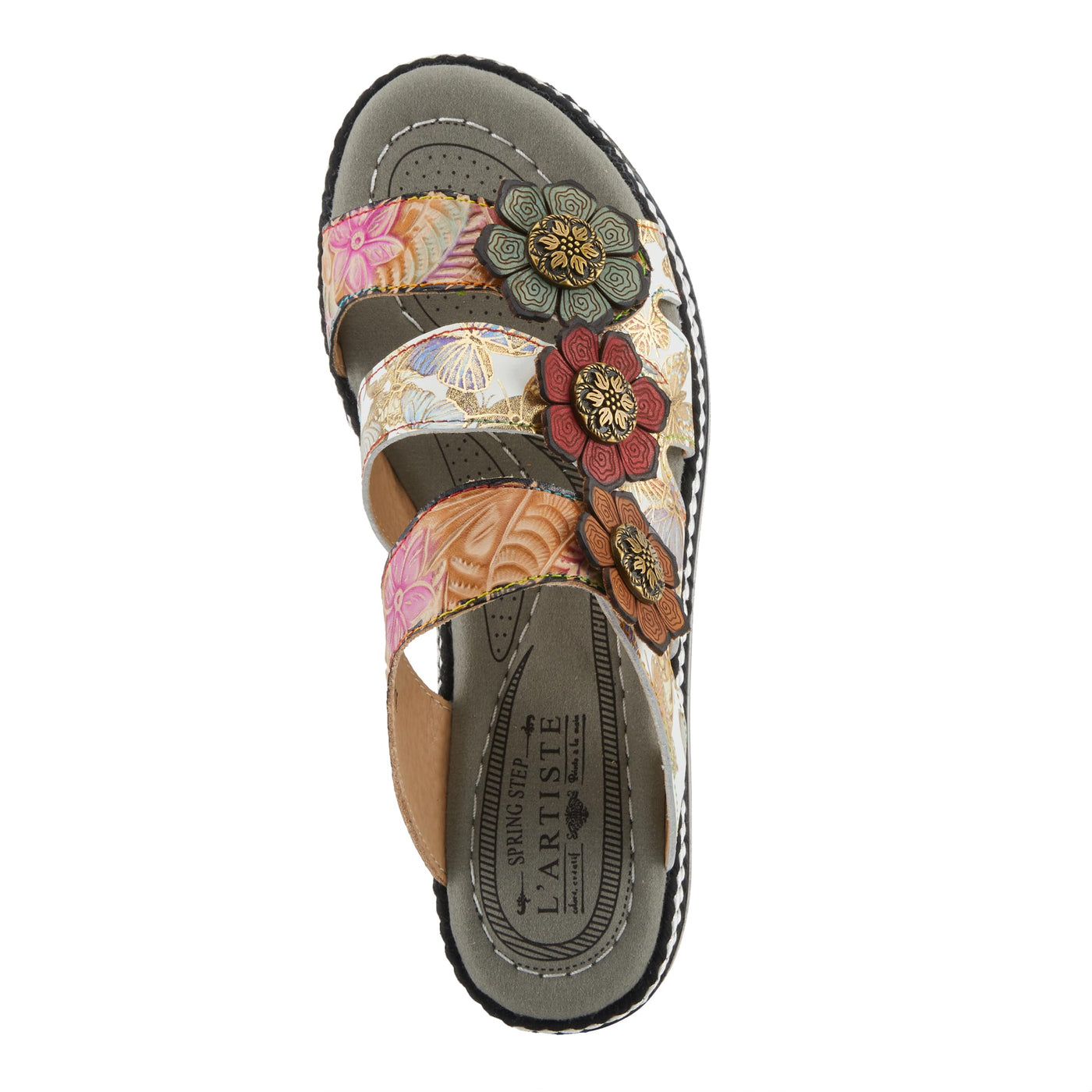 Spring Step L'Artiste Women's NAOMI-MONARCH Comfortable Butterfly Slide Sandals | Hand-Painted Leather Flowers, Hook and Loop Closure Tan Multi EU 38 / US 7.5-8