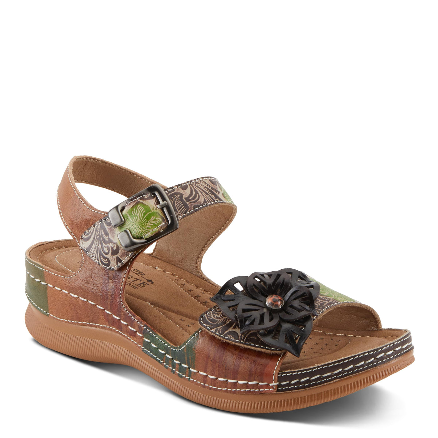 Spring Step L'Artiste Women's JENELLA Hand-Painted Leather Sandals | Chic Floral Embellishments and Customizable Fit Brown Multi EU 40 / US 9