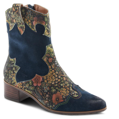 Spring Step L'Artiste Ladyluck Booties for Women - Floral Leather and Suede Women's Chelsea Boots - Western Ankle Boots for Women with Low Heel - Navy US 6.5-7