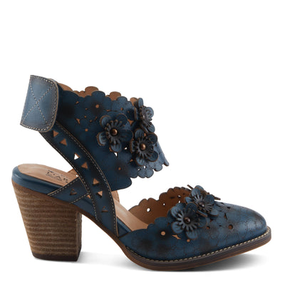 L'Artiste Women's DISTINCTION Leather Ankle Strap Sandals – Hand-Painted Floral Laser Cutout, Adjustable Strap, Closed Toe Stacked Heel NAVY EU 39 / EU 39 / US 8.5