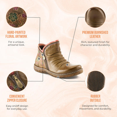 Spring Step L'Artiste Chesapeake Women's Floral Bootie - Painted Flowers, Burnished Leather, Bohemian Style Camel EU 37 / US 6.5-7