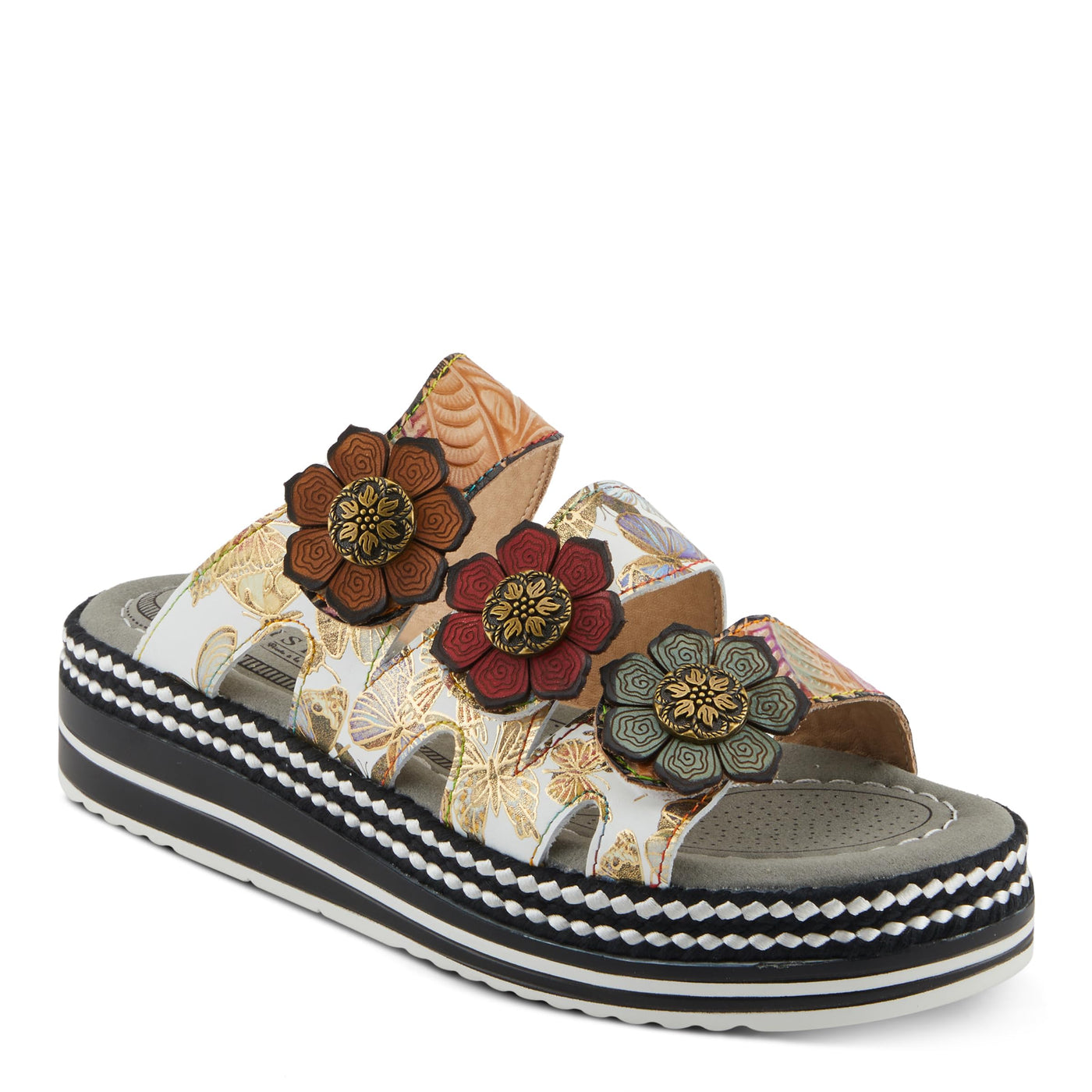 Spring Step L'Artiste Women's NAOMI-MONARCH Comfortable Butterfly Slide Sandals | Hand-Painted Leather Flowers, Hook and Loop Closure Tan Multi EU 38 / US 7.5-8