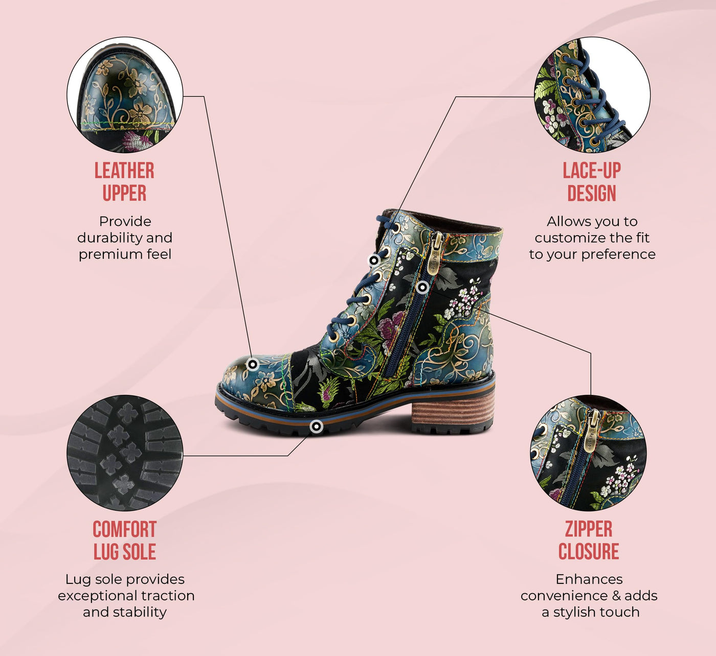 Spring Step L'Artiste Fantastic Booties for Women - Floral Hand Painted Womens Ankle Boots Low Heel - Everyday Wear Leather and Textile Western Booties Red Multi EU 37 / US 6.5-7