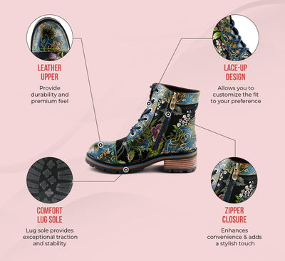 Spring Step L'Artiste Fantastic Booties for Women - Floral Hand Painted Womens Ankle Boots Low Heel - Everyday Wear Leather and Textile Western Booties