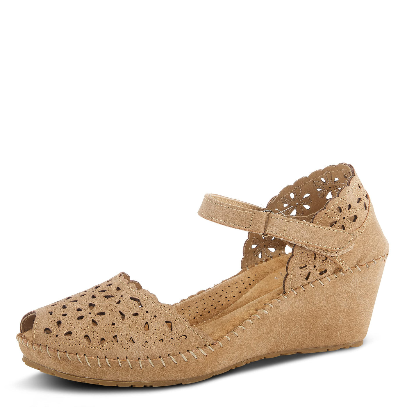 PATRIZIA Spring Step Gennina Wedge Sandals for Womens - Laser Cut Ladies Sandals with Embroidery - Hook and Loop Closure Womens Sandals - Tan EU 35 / US 5