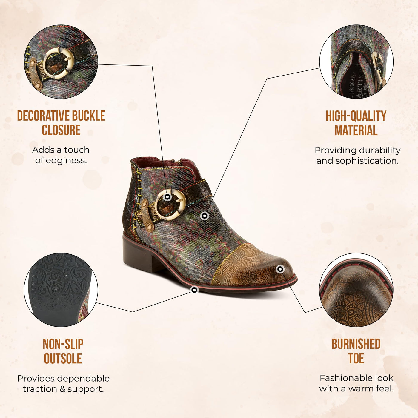 Spring Step L'Artiste Georgiana-Scope Booties for Women - Ankle Boots with Zipper Closure - Hand-Painted Ladies Boots for Outdoor - Olive Multi EU 42 / US 10.5-11
