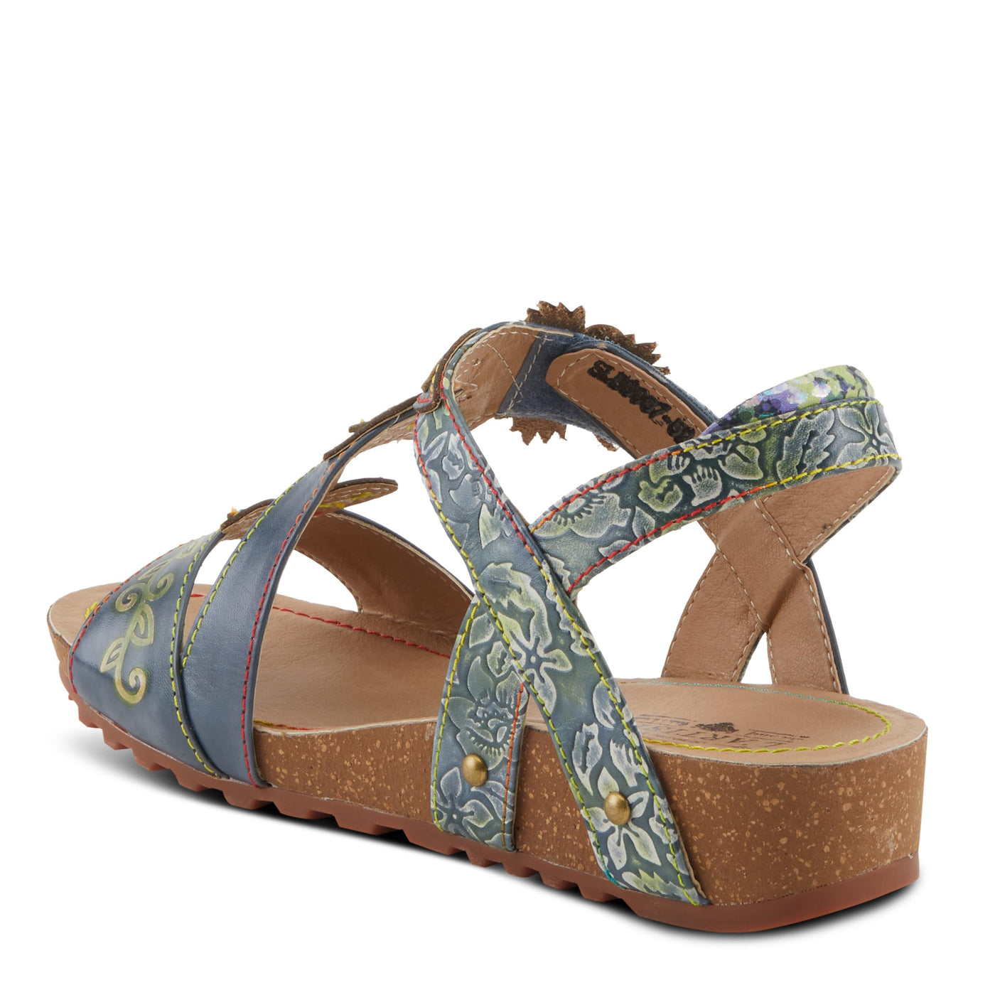 Spring Step L'Artiste Women's BELOVED Hand-Painted Low Cork Wedge Slide Sandals Teal Multi EU 36 / US 5.5-6