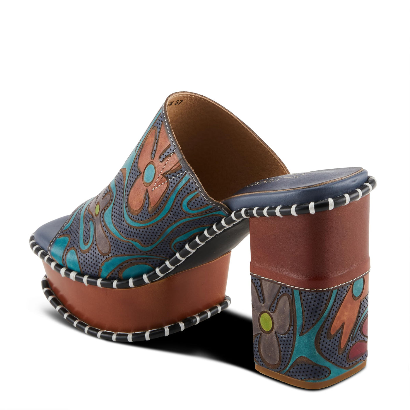 Spring Step L'Artiste Women's COLOSSAL Retro Platform Slides - Hand-Painted Flower Design, Leather-Wrapped Heel Blue Multi EU 42 / US 10.5-11