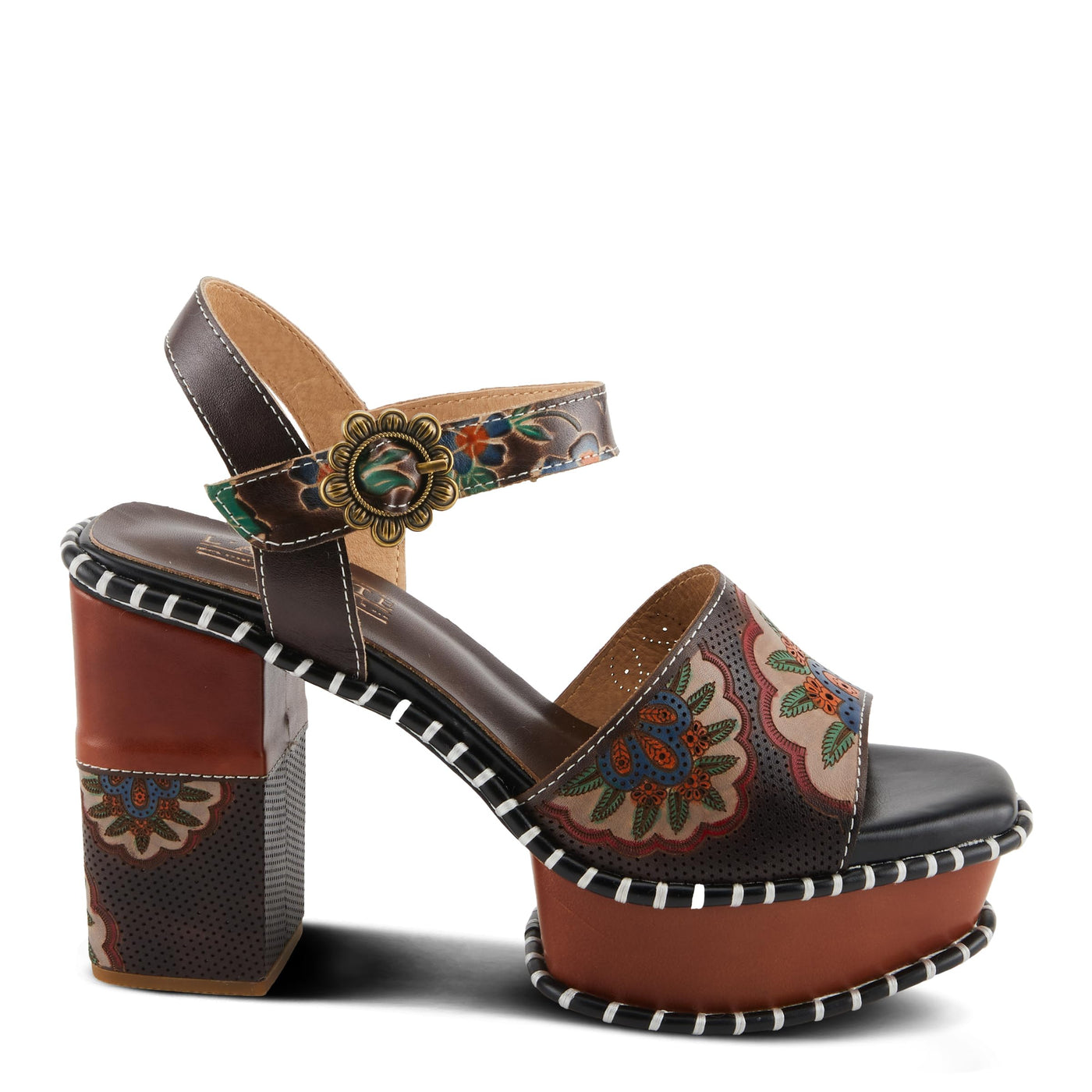 Spring Step L'Artiste Women's GOGETEM Retro Platform Sandals - Hand-Painted Flower Design, Decorative Floral Buckle Chocolate Multi EU 37 / US 6.5-7