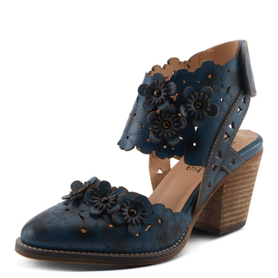 L'Artiste Women's DISTINCTION Leather Ankle Strap Sandals – Hand-Painted Floral Laser Cutout, Adjustable Strap, Closed Toe Stacked Heel NAVY EU 39 / EU 39 / US 8.5
