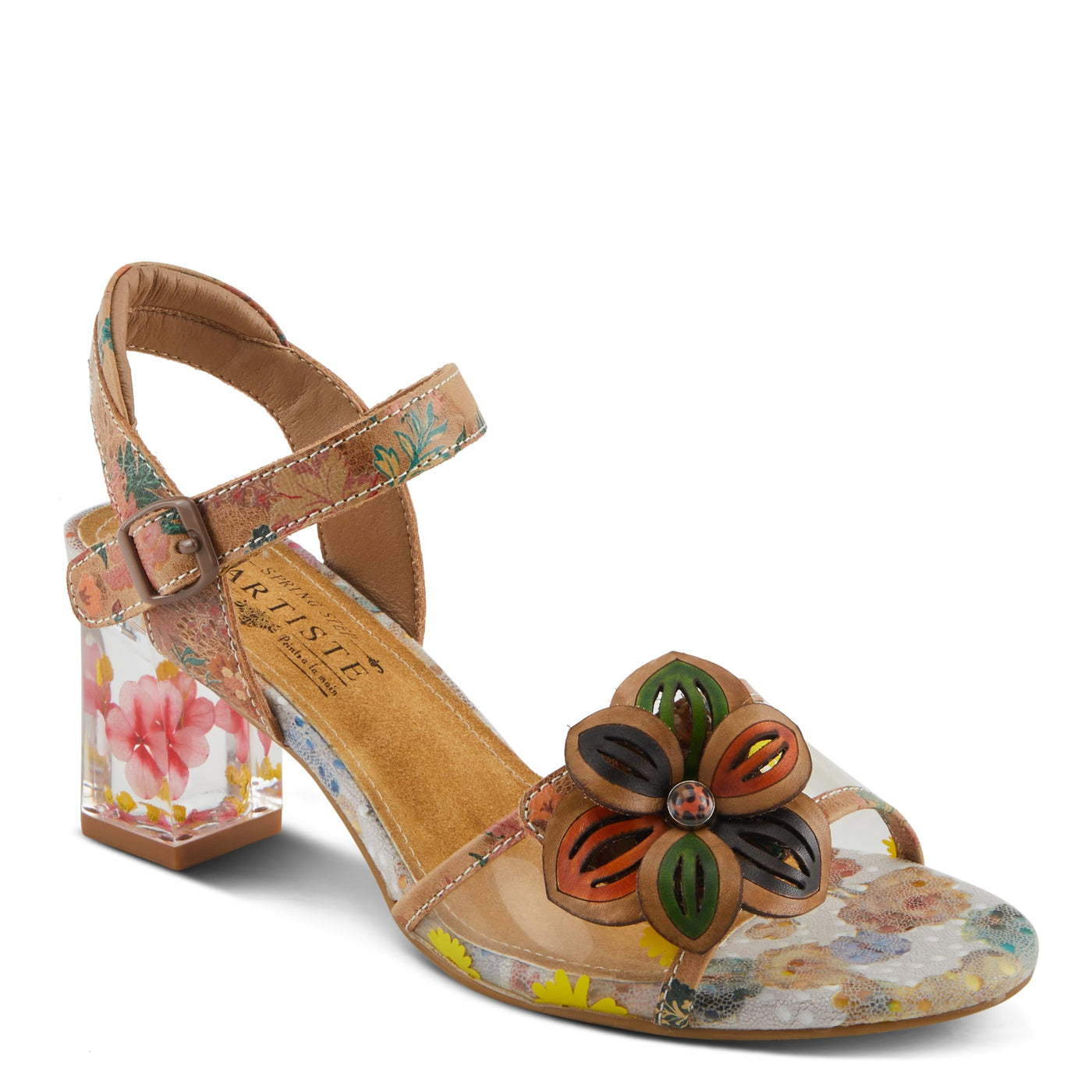 Spring Step L'Artiste Women's BREAKAWAY Floral Sandals - Dried Flower Block Heel, Hook and Loop Closure Tan Multi EU 39 / US 8.5