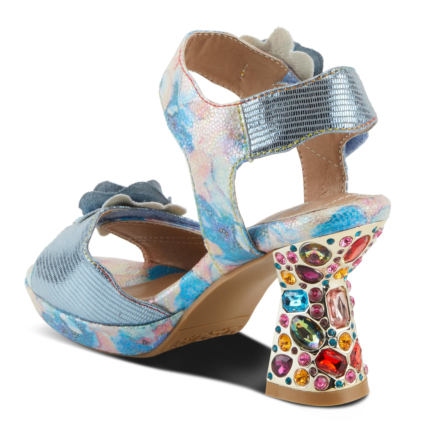Spring Step L'Artiste Women's SMASHING Metallic Leather Sandals - Opulent Decorative Flowers, Sculpted Jewel Heel, Wearable Art Footwear Blue Multi EU 37 / US 6.5-7