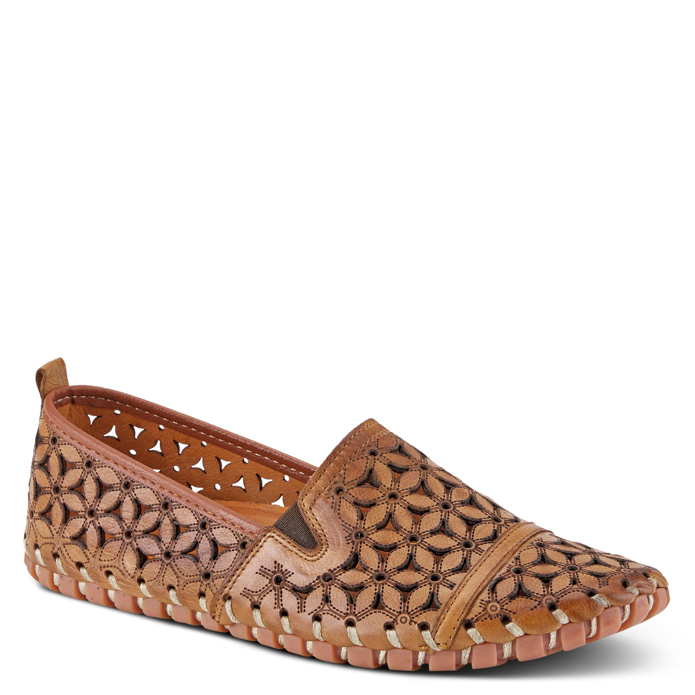 Spring Step Flowerflow Shoes for Women - Leather Womens Loafer with Floral Laser Cutout - Comfortale Slip-On Shoes for Womens Light Brown