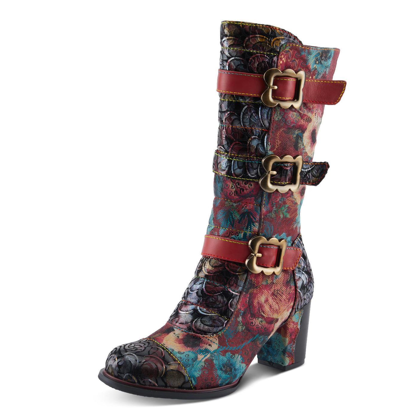 Spring Step L'Artiste Averie Women's Moto-Inspired Bootie - Quilted Upper, Metallic Prints, Decorative Straps Red Multi EU 39 / US 8.5