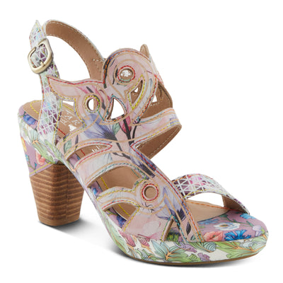 Spring Step L'Artiste Women's SWIRLNTWIRL Unique Print Sandals - Leather Wrapped Stacked Heel, Functional Buckle, Vibrant Style Lilac Multi EU 40 / US 9