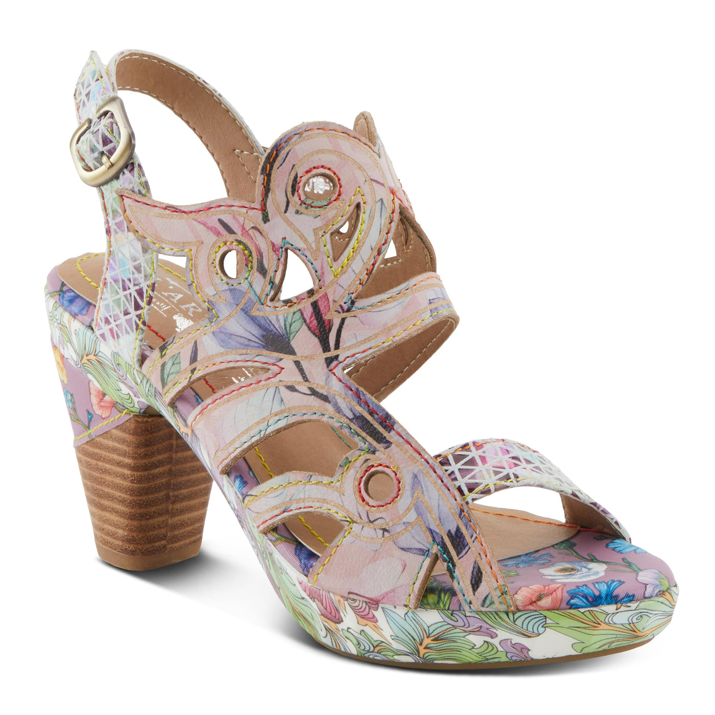 Spring Step L'Artiste Women's SWIRLNTWIRL Unique Print Sandals - Leather Wrapped Stacked Heel, Functional Buckle, Vibrant Style Lilac Multi EU 40 / US 9