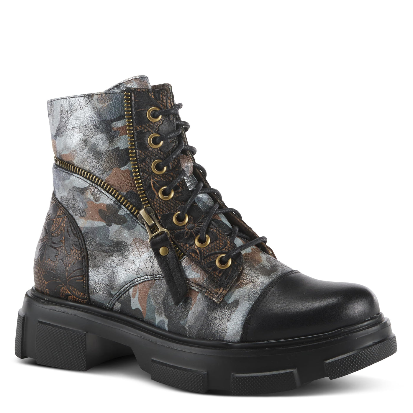 Spring Step L'Artiste Carnelian Booties for Women - Leather Ankle Boots with Lace-up and Zipper - Hand-Painted Womens Boots for Outdoor - Black Multi EU 39 / US 8.5