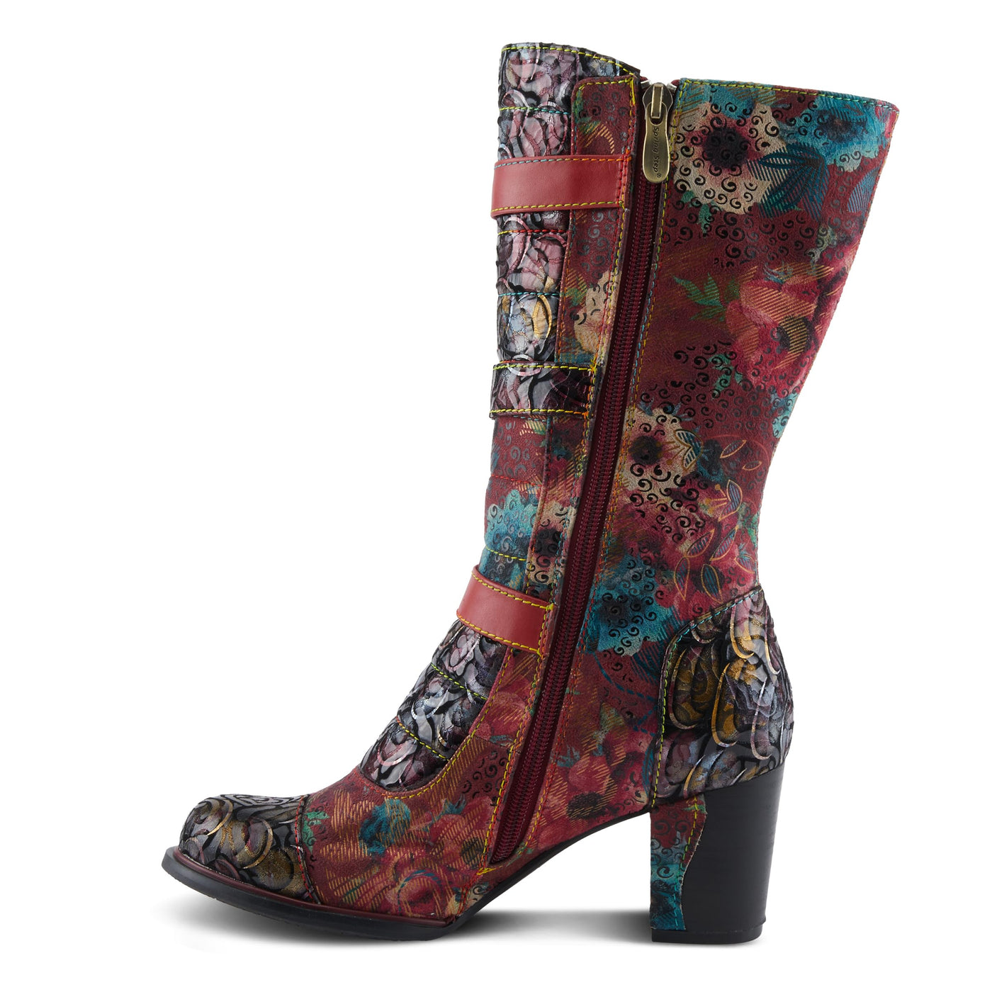Spring Step L'Artiste Averie Women's Moto-Inspired Bootie - Quilted Upper, Metallic Prints, Decorative Straps Red Multi EU 39 / US 8.5