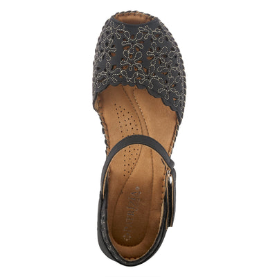 PATRIZIA Spring Step Gennina Wedge Sandals for Womens - Laser Cut Ladies Sandals with Embroidery - Hook and Loop Closure Womens Sandals - Black EU 37 / US 6.5-7
